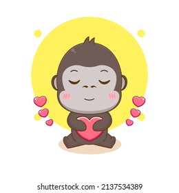 Cute gorilla holding love heart cartoon character