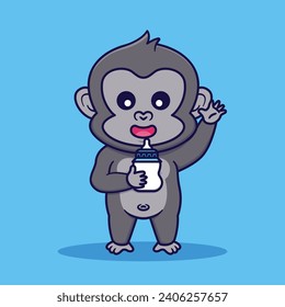 Cute Gorilla Holding Milk Pacifier Vector Cartoon Illustration