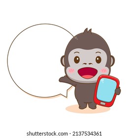 Cute gorilla holding phone with speech bubble cartoon character