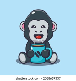 Cute gorilla with hot coffee. Cute cartoon animal vector. Vector isolated, flat illustration for poster, brochure, web, mascot, sticker, logo and icon.