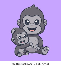 Cute Gorilla Hug Baby Gorilla Cartoon Vector Icon Illustration. Animal Nature Icon Concept Isolated Premium Vector. Flat Cartoon Style