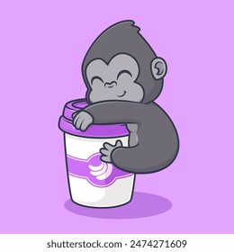 Cute Gorilla Hug Coffee Cup Cartoon Vector Icon Illustration. Animal Drink Icon Concept Isolated Premium Vector. Flat Cartoon Style