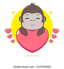 Cute gorilla hugging love balloon cartoon character