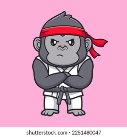 Cute Gorilla Karate Cartoon Vector Icon Illustration. Animal Sport Icon Concept Isolated Premium Vector. Flat Cartoon Style