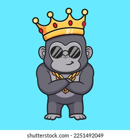 Cute Gorilla King With Crown Cartoon Vector Icon Illustration. Animal Finance Icon Concept Isolated Premium Vector. Flat Cartoon Style