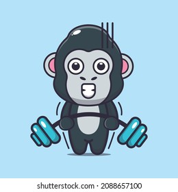 Cute gorilla lifting barbell. Cute cartoon animal vector. Vector isolated, flat illustration for poster, brochure, web, mascot, sticker, logo and icon.