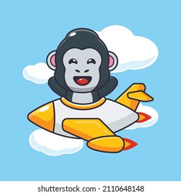 cute gorilla mascot cartoon character ride on plane jet