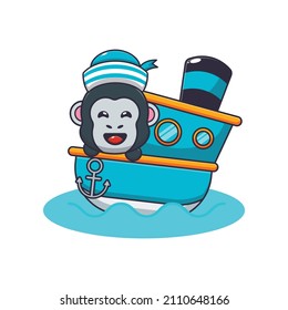 cute gorilla mascot cartoon character on the ship