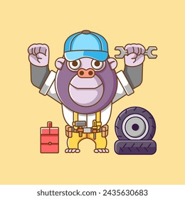 Cute gorilla mechanic with tool at workshop cartoon animal character mascot icon flat style illustration concept set