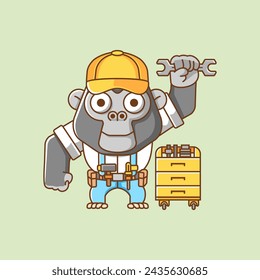 Cute gorilla mechanic with tool at workshop cartoon animal character mascot icon flat style illustration concept set