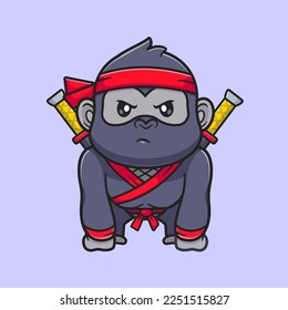 Cute Gorilla Ninja With Sword Cartoon Vector Icon Illustration. Animal Holiday Icon Concept Isolated Premium Vector. Flat Cartoon Style