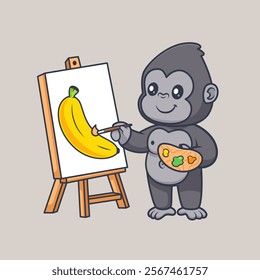 Cute Gorilla Painting Banana Cartoon Vector Icon Illustration. 
Animal Art Icon Concept Isolated Premium Vector. Flat 
Cartoon Style