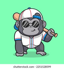 Ilustración De Icono Del Vector De Béisbol Cute Gorilla Jugando Caricatura De Béisbol. Vector Premium Aislado De Icono De Deportes Animales. Estilo de dibujo plano