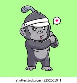 Cute Gorilla Playing Golf Cartoon Vector Icon Illustration. Animal Sport Icon Concept Isolated Premium Vector. Flat Cartoon Style