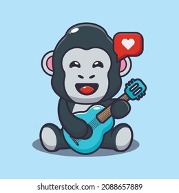 Gorila lindo tocando la guitarra. Cuto vector animal de dibujos animados. Vector aislado, ilustración plana para afiche, folleto, web, mascota, pegatina, logotipo e icono.