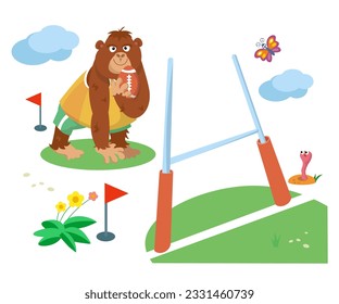 Cute gorilla playing rugby. Sport ball and goal. Vector cartoon isolated illustration on white background. Funny monkey animal in tracksuit for design. 