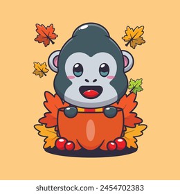 Cute gorilla in a pumpkin at autumn season. Mascot cartoon vector illustration suitable for poster, brochure, web, mascot, sticker, logo and icon.