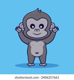 Cute Gorilla Raising Both Hands Vector Cartoon Illustration