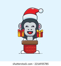 Rutsche Gorilla mit Santamütze im Schornstein. Cute Christmas Cartoon Illustration. 