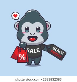 cute gorilla with shopping bag and black friday sale discount cartoon vector illustration