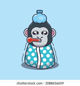 Cute gorilla sick. Cute cartoon animal vector. Vector isolated, flat illustration for poster, brochure, web, mascot, sticker, logo and icon.