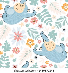 Cute gorilla vector hand drawn seamless pattern. Tropical funny animal character. Flowers, leaves and monkies cartoon background, backdrop, textile design.