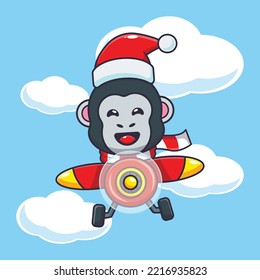 Cute gorilla wearing santa hat flying with plane. Cute christmas cartoon illustration. 