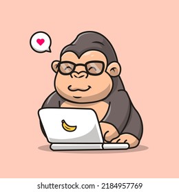 Cute Gorilla Working On Laptop Cartoon Vector Icon Illustration. Animal Technology Icon Concept Isolated Premium Vector. Flat Cartoon Style