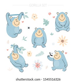 Cute gorillas and tropical plants hand drawn vector color characters set. Monkey flat clipart.