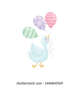 Cute gosling with balloons. Vector illustration on white background.