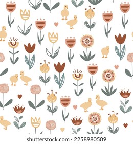 Cute gosling in a garden, seamless pattern. Baby geese and doodle Scandinavian flowers background. Vector illustration.