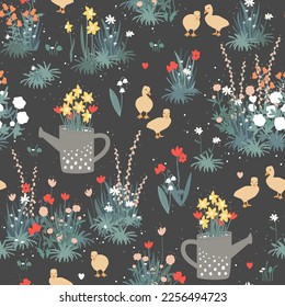 Cute gosling in a Spring garden seamless pattern. Baby geese and first flowers cute background. Vector illustration.