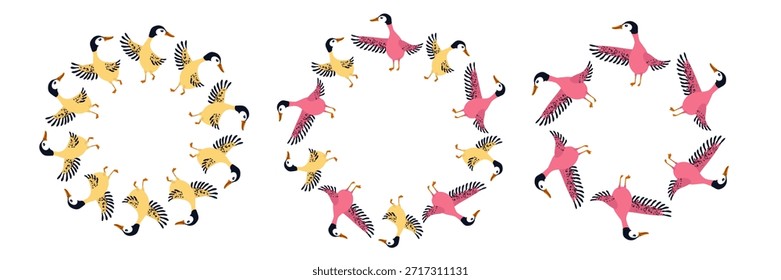 Goslings lindos dispuestos en un marco redondo, juguetón y esponjoso, colores pastel suaves, estilo de dibujo a mano, para tarjetas de felicitación, decoración de la guardería o diseños de los niños, Vector