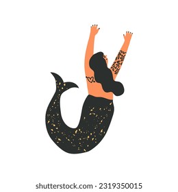 A cute Goth Asian Oriental mermaid with tattoos and black nails enjoys swimming, a Mexican, Spanish rocker Seamaid happily dances with her hands under her head. Vector isolated illustration.