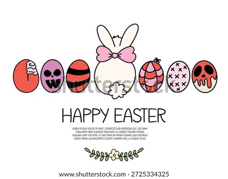 Cute Goth Easter Bunny with Pink Bow and Spooky Skull Eggs Illustration Pastel Goth Happy Easter Banner, Bunny Tail with Creepy Decorated Eggs