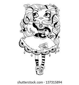 Cute Goth girl with pigtails in a beautiful dress holding a cat in hands