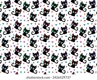 Cute gothic black cat illustration, vector pattern for woven backgrounds, wallpapers, papers