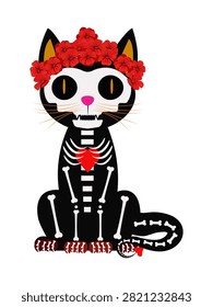 Cute gothic black cat skeleton with red floral headband for Halloween vector