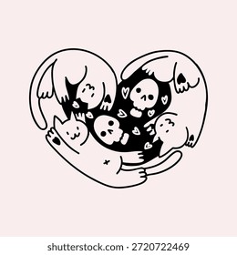 Cute Gothic Cat Heart – Cozy Dark Illustration. Vector illustration.