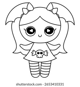 Cute gothic girl with bat wings and skull dress striped stockings