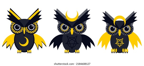 Cute gothic owl flat illustration. Gothic design for Horror or Halloween. Vector isolated on white background.