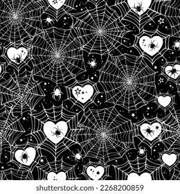 Cute gothic seamless pattern of hearts braided with cobwebs