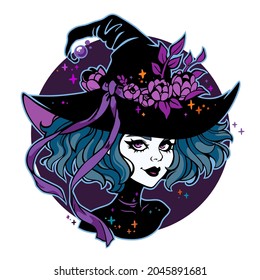 cute gothic witch wearing a hat with flowers