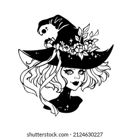 linda bruja gótica con un sombrero con flores