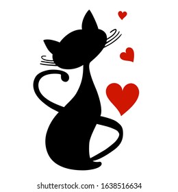 Cute & Graceful Kitten Icon Isolated on White Background. Love Concept. Stick Vector Silhouette