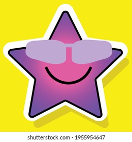 Gradiente lindo en medios sociales sonriente estrella facial con emoji de lentes de sol sobre fondo amarillo. Sin regalías.