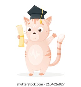 Cute graduate cat in academic cap with scroll, vector isolated cartoon illustration, back to school design element.