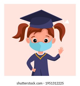 Cute graduate girl in medical mask, academic cap and mantle celebrating kindergarten or school graduation online from home due to coronavirus isolation lockdown. Vector illustration in cartoon style