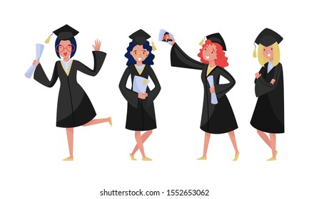 Cute Graduate Girls In Traditional Academic Clothes Vector Illustration Set Isolated On White Background