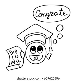 Cute graduate student with diploma and hat emoticon say congrate. Emoji, smiley - vector sign illustration
